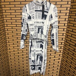 For Her White And Black Newspaper Print Belted Dress Size Medium